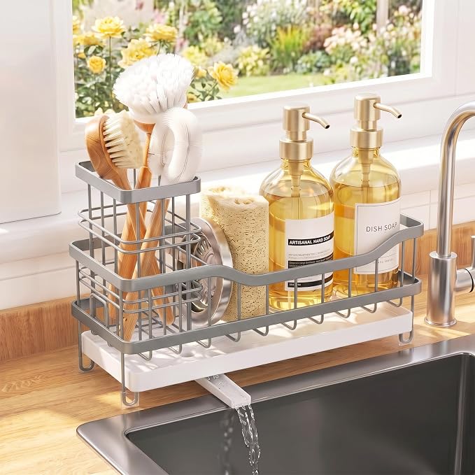 Sink Caddy, Sponge Holder for Kitchen Sink, Gray | Self-draining Sink Organizer with Removable Brush Holder, Metal Sponge Rack for Countertop, Fits Soap Dispenser & Scrubber