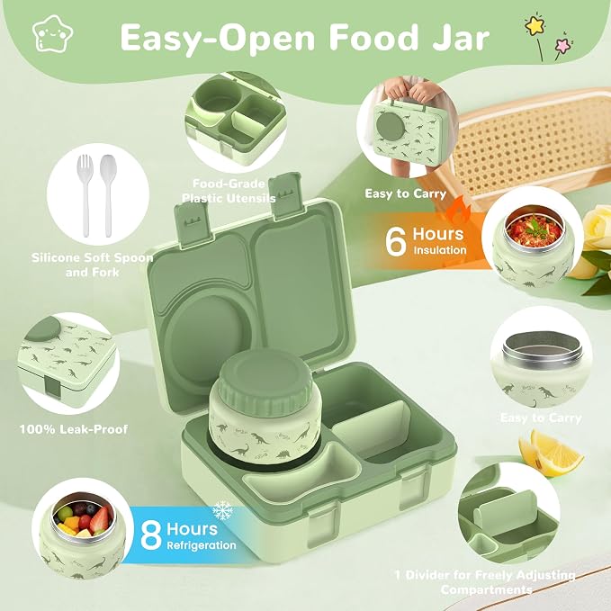 Bento Lunch Box for Kids Adult, Leakproof 3-4 Compartment Bento Box Set with Insulated Food Jar,Water Bottle, Lunch Bag, School Lunch Container for Toddler Teen Girls Boys Ages 3+(Dinosaur)