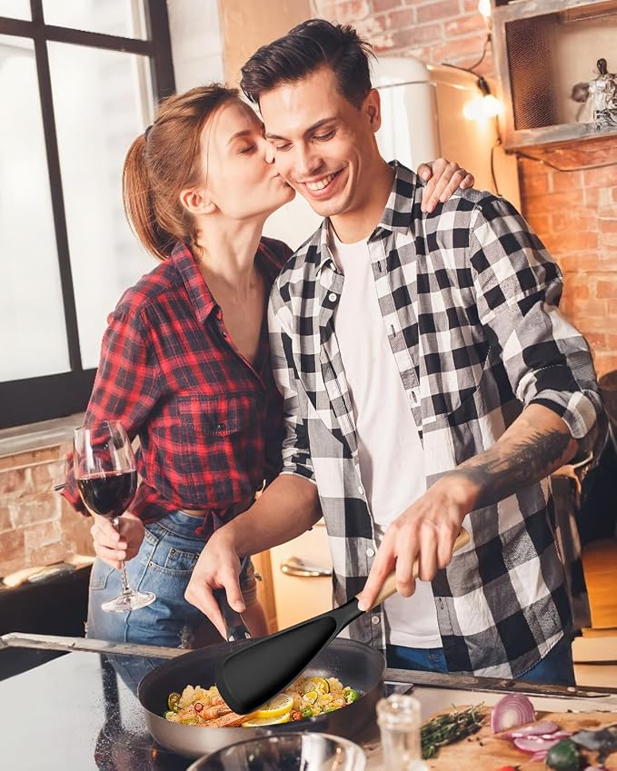 Multifunction Cooking Spoon for Nonstick Cookware,11.4"&13.4",Black | Great for Cooking and Serving, Sturdy BPA-Free Matte Silicone, Wood Handle spoonula for Mixing, Scoop, and Scrape