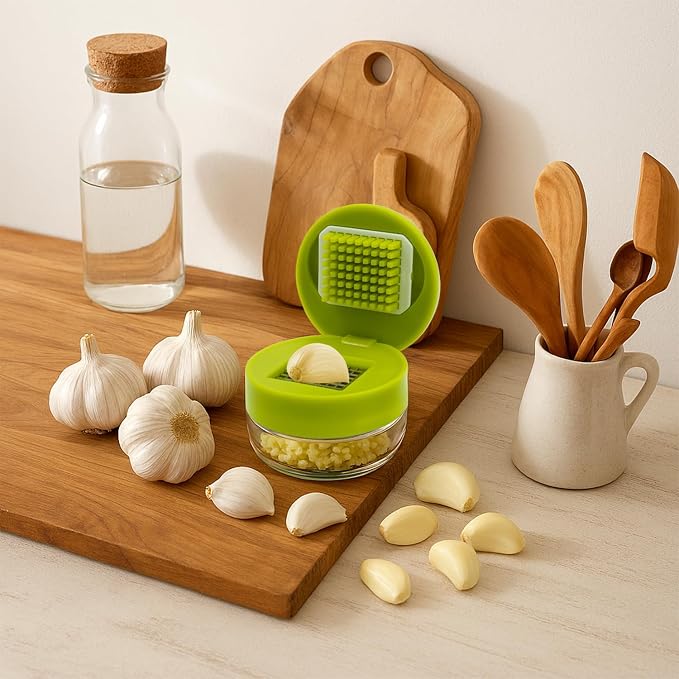 2 Pcs Garlic Press Stainless Steel, Mini Garlic Chopper with Peeler, Cleaning Brush & Scrapers