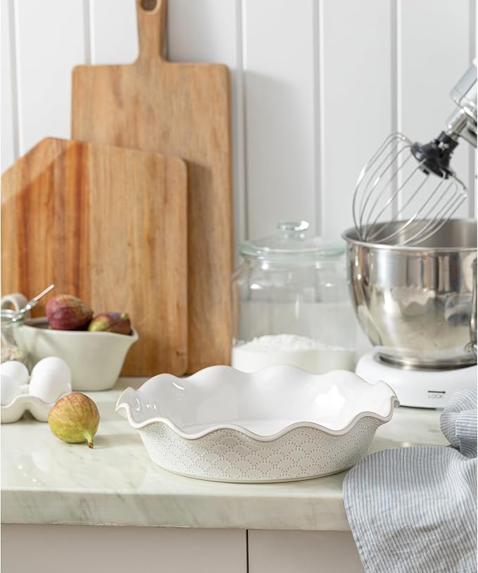 Ceramic Deep Pie Pan for Baking, 11 inch Porcelain Pie Dish for Apple Pie, Oven & Dishwasher Safe, Farmhouse Decor, 48 Ounce Deep Plate for Kitchen, Non-Stick Pie Pans, Embossed Firework