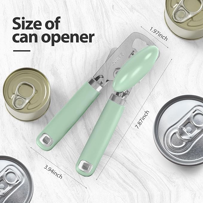 Safring Can Opener Manual, Heavy Duty Stainless Steel Smooth Edge Can Opener With Soft Touch Handle, Oversized Handheld Easy Turn Knob, Multi-Function Bottle Opener, Mint