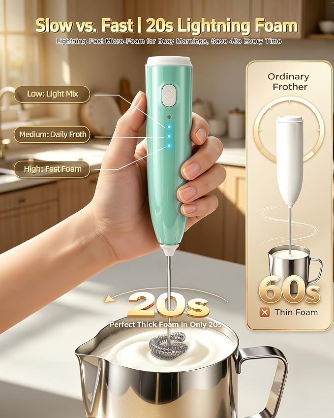 Milk Frother Handheld,Portable Electric Drink Mixer&Wand,Egg Whisk-Green | USB C Rechargeable | 3 Detachable Whisks | 3 Adjustable Speeds | Quiet Operation | For Coffee, Latte, Matcha,protein powder