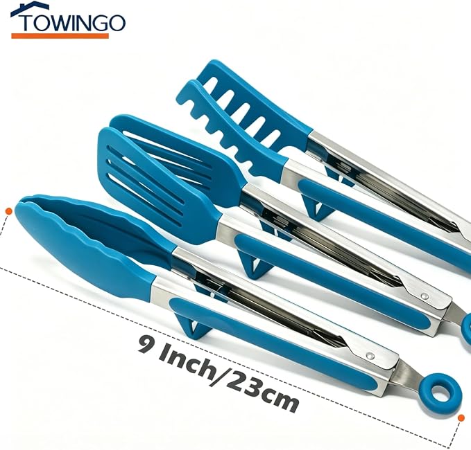 9" Kitchen Tongs for cooking with Silicone Tips, Salad Tongs, Peacock Blue | 3 Pcs Small Silicone Tongs mit Kickstand, Food Grade, 3 different type of tongs, Stainless Steel