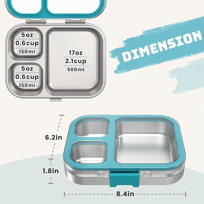 LOHASOK Stainless Steel Bento Lunch Box, 800ml, Blue | 3-Compartment, Leak Proof, Lightweight, Clear Plastic Lid, for Kids Adults, BPA/BPS Free, Dishwasher Safe