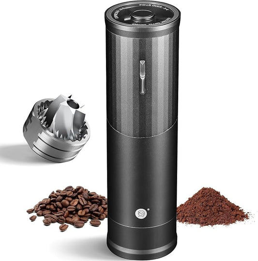 Electric Coffee Grinders, Portable Burr Grinder Capacity 50g w/Magnetic Cover,External Adjustable Setting, Aluminum Alloy Body, 800mAh Battery(Stand not Included) (Gray)
