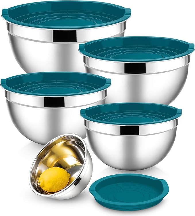 E-far Mixing Bowls With Lids Sets of 5, 10-Piece Stainless Steel Salad Metal Nesting Bowl for Baking Cooking and Prepping, Airtight Lid & Stackable Design, Size 4.6, 3, 2.1, 1.5, 0.7 QT, Blue
