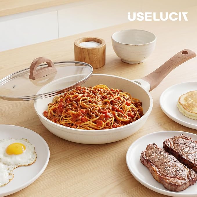 UESLUCK 10 Inch Creamic Non Stick Frying Pan With Lid- Large Creamic Skillet With lid, Omlet Pan Non Stick With Cool-Touch Handle, PFAS & PTFE Free, Compatible with All Stovetops