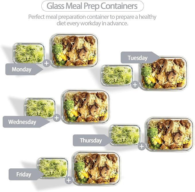 [10 pack Glass Meal Prep Containers with Lids, Glass Food Storage Containers with Snap Locking Lids for Food, Bpa-free, Easy to Open& Close/Microwave,Oven,Freezer,Dishwasher Safe/Leak-Proof