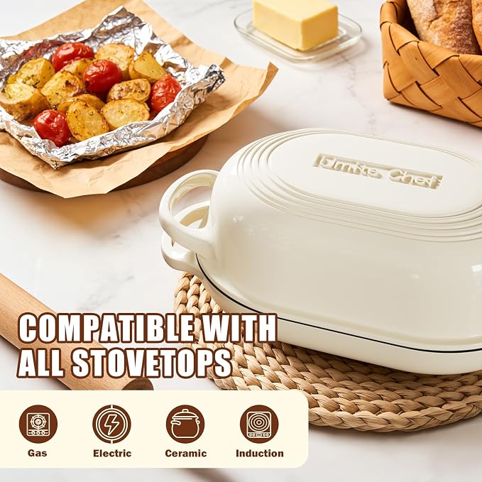 Enameled Cast Iron Dutch Oven for Bread Baking - incl. Sourdough Bread-Baking Supplies like Banneton Bread-Proofing Basket - 5QT Loaf Cast Iron Bread Oven Pan& Meatloaf Pan with Lid, Sour Sough Tools, Lame (Cream White）