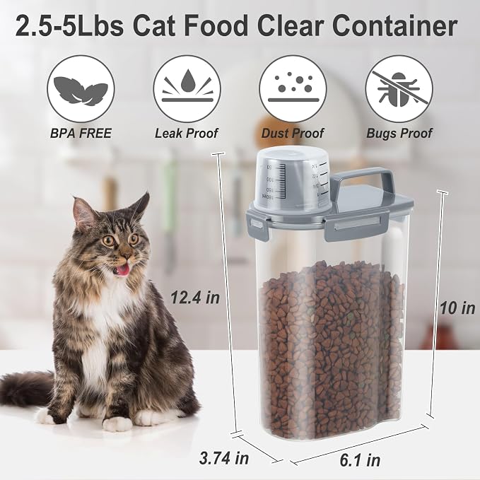Dog Cat Food Storage Container with Cup (Dark Gray, 2.5L) | Pet Food Pourable Container Airtight with Large Spout, BPA-Free Plastic Food Dispenser for Pet Food, Bird Seed, Rice, Flour