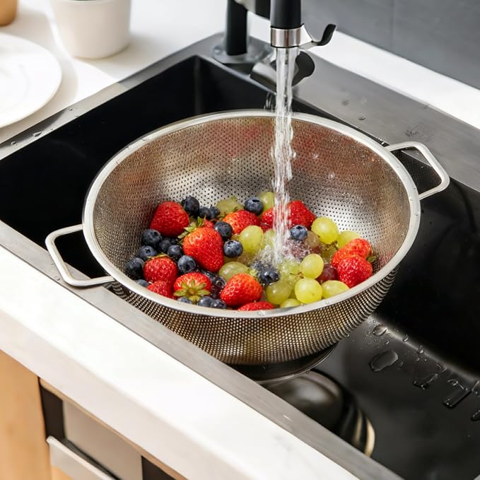 304 Stainless Steel Colander, Micro-Perforated 5-Quart Strainer with Base, Dishwasher Safe. Great for Pasta, Noodles, Vegetables & Fruits