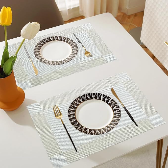 Vinyl Placemats Heat-Resistant Table Mats Washable Easy Clean Plastic Placemat for Kitchen Dining Table Set of 4 Indoor Outdoor (Beige White)