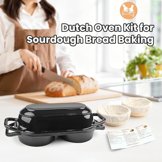 YONILL Mini Double Dutch Oven with Lid for Sourdough Bread Baking (Black) | Enameled Cast Iron Pot with Lid, 5" Banneton Bread Proofing Basket Include, Dual Round Bread Loaf Pan for Homemade Baking