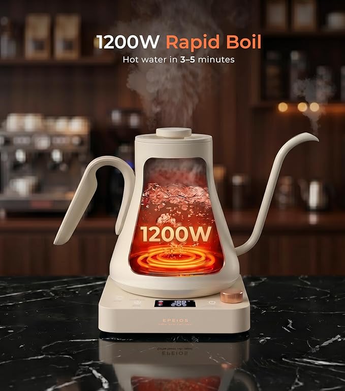 Epeios Gooseneck Electric Kettle With Temp Control,1200W,0.9L,Cream White | Rapid Heating, Precision Pour-Over for Coffee & Tea,Smart Hot water Boiler, 304 Stainless Steel Interior, Auto Shut-Off