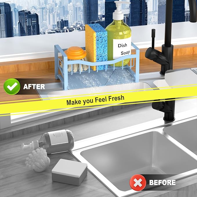 Stainless Steel Kitchen Sink Caddy Organizer with Auto Drain Tray, Sponge Holder for Countertop Storage