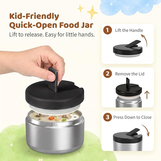 Bento Lunch Box with 8oz Soup Thermo, Kids Leakproof Lunch Food Containers with 4 Compartment, Kids Thermo Insulated Hot Food Jar for School, Trvael (Grey)