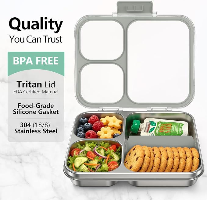 HOMEKOL Stainless Steel Bento Lunch Box 3-Compartment, 4.2Cups, Grey | Leak-Proof Metal Lunch Container for Kids & Adults, BPA-Free, Dishwasher Safe, Clear Tritan Lid, 1000ml (Not Insulated)