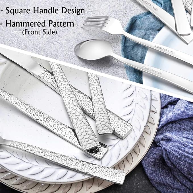 E-far 10-Piece Hammered Silverware Set, Stainless Steel Square Flatware Set Service for 2, Tableware Cutlery Set Includes Forks Spoons Knives, Modern Design & Mirror Polished - Dishwasher Safe