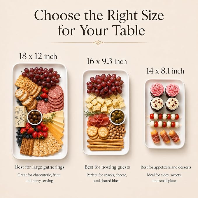 DELLING Serving Platter Set 18/16/14 Inch, Large White Porcelain Serving Trays for Entertaining, Rectangular Platters for Turkey Fruit Appetizer Party Wedding, Microwave Oven Dishwasher Safe, 3-Pack