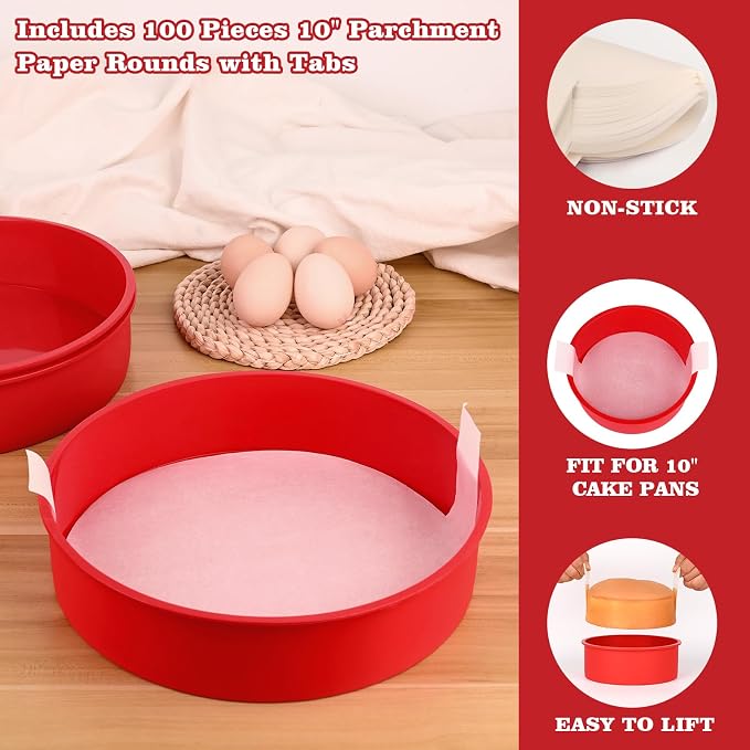 HUAKENER 10" Round Cake Pan, 3 Pcs Silicone Cake Molds with Parchment Paper | Nonstick,10 Inch Cake Molds with 100 Pieces Parchment Paper for Birthday Cakes, Layer Cakes, Cheese Caks, Chocolate Cakes