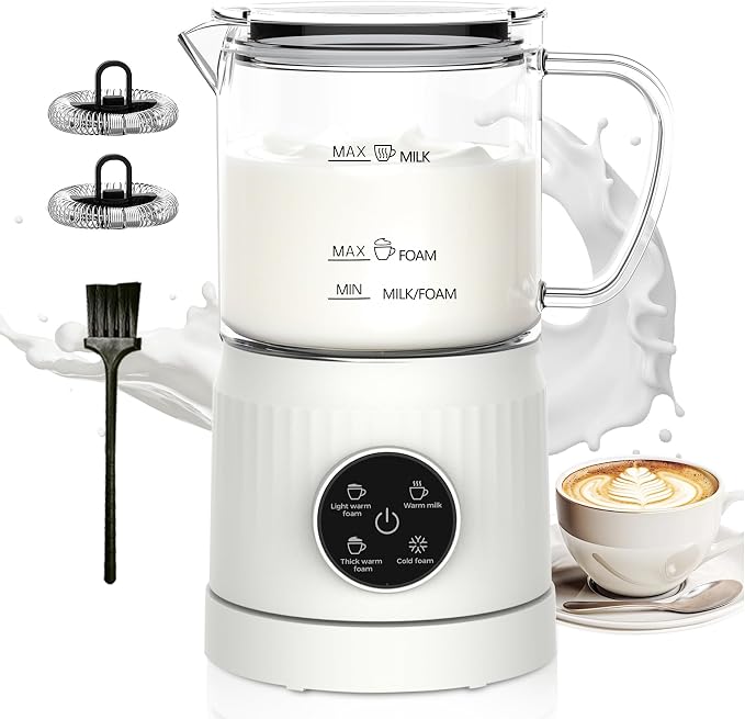 Casimhu 4-in-1 Milk Frother, Electric Milk Frother and Steamer with LED Touch Screen, Ceramic Lining Bottom, Milk Warmer 13.52oz for Lattes, Cappuccinos, and Macchiatos at Home (Cream White)