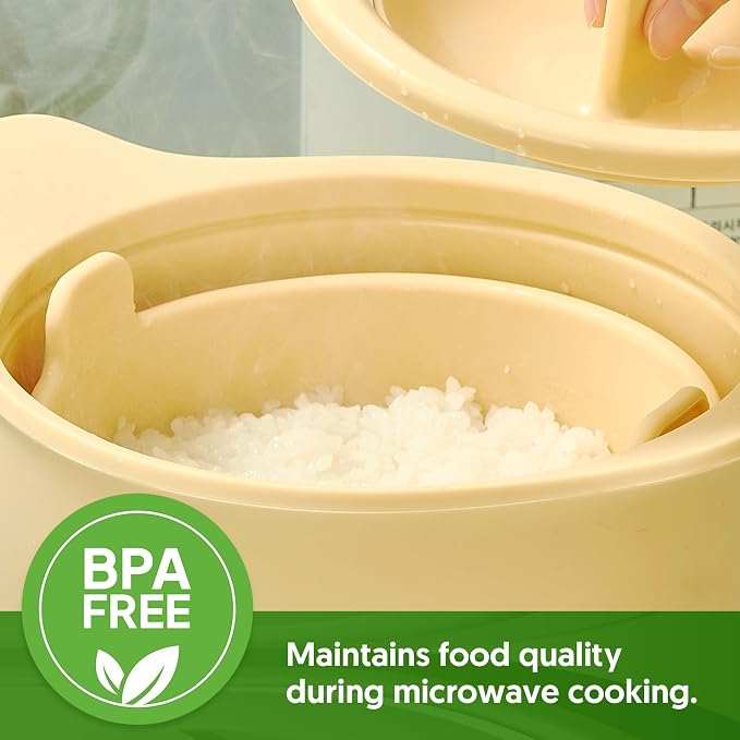 100% Platinum Silicone Low Carb Rice Cooker, 2-3 Cups Uncooked Rice, Microwave Rice Cooker with Steamer Tray, Self-Basting Lid for Everyday Meals, Cream White
