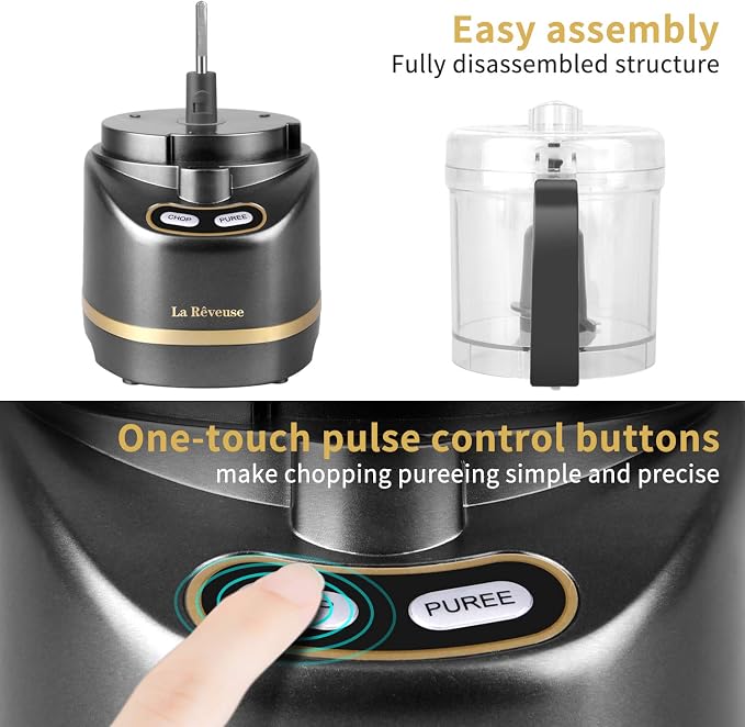 La Reveuse 2 Cup Mini Food Processor, Electric Chopper Small, Metallic Grey | for Mincing, Chopping, Grinding, Blending, Puree, 2 Pulse Speeds, Dishwasher Safe, (1) Spatula Included, 200 Watts, LARB1814B
