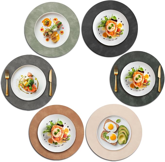 UnivoColors Placemats Round Faux Leather Placemats Set of 6-Waterproof-Wipe Clean-Heat Resistant-Anti Slip Dining Table Place Mats,15".(Dark Gray+Blue Grey+Grey+Camel+Beige+Green)