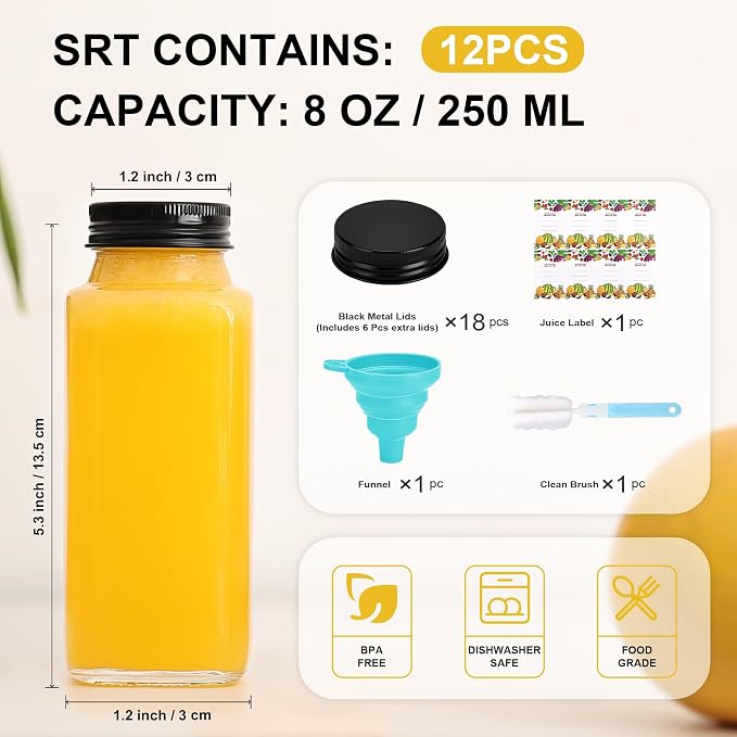 12 Pack 8 oz Glass Juice Bottles with Black Lids & Labels, Reusable Travel Juice Storage Containers, Clear Glass Drink Jars for Juicing, Water, Ginger, Wellness Shots - Leakproof, Dishwasher Safe