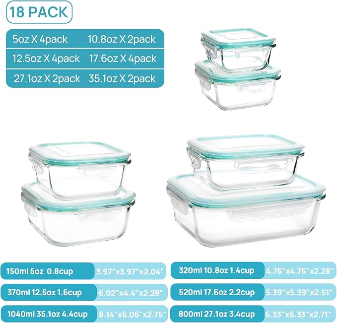 Vtopmart 18Pack Glass Food Storage Containers with Lids, Meal Prep Containers, Airtight Lunch Containers Leak Proof Locking Lids for Microwave, Oven, Freezer, Dishwasher