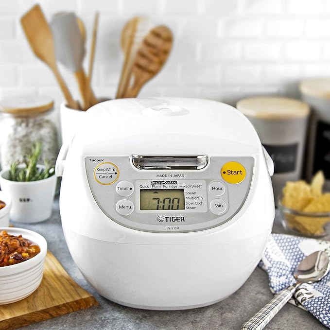 TIGER JBV-S10U 5.5-Cup (Uncooked) Micom Rice Cooker and Warmer with Tacook Food Steamer Cooking Tray Technology, White