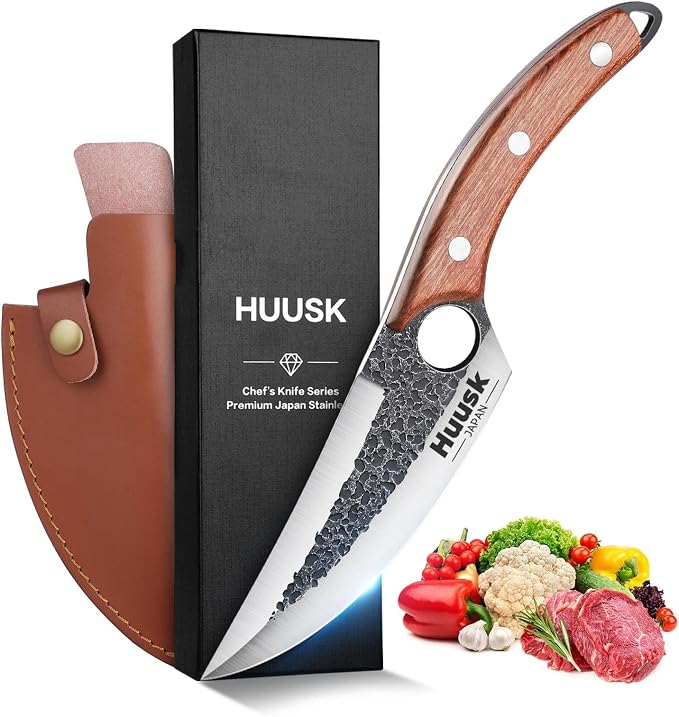 Huusk Viking Knife with Leather Sheath, Hand Forged Chef Butcher Knives | Razor-sharp Japanese Carbon Steel Meat Cutting Knife with Wood Handle for BBQ, Camping & Kitchen, Cool Gifts for Men & Dad