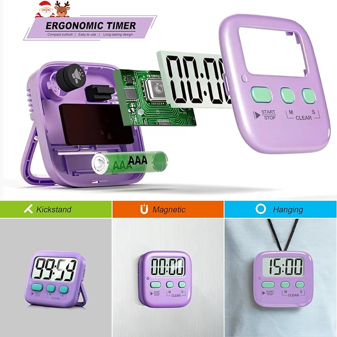 2 Pack Digital Timer for Kids Classroom Kitchen Timers for Cooking | w/ Battery, Easy to View, Alarm, Mute Mode, Count Down/Up, Magnetic, Kickstand, Hanging, Classroom Timer for Teacher Supplies