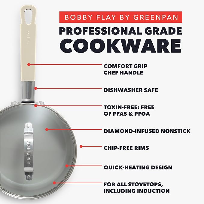 GreenPan x Bobby Flay 2.5QT Ceramic Nonstick Saucepan with Glass Lid, Cream | PFAS-Free Diamond Ceramic Nonstick Chef Pan, Silicone Handle, Induction & All Stovetop Compatible, Dishwasher and Oven Safe