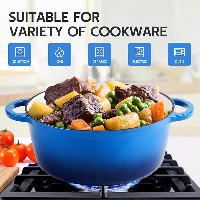 3 Quart Dutch Oven Enameled Cast Iron with Lid - Big Dual Handles - Oven Safe up to 500°F - Classic Round Pot for Versatile Cooking Blue