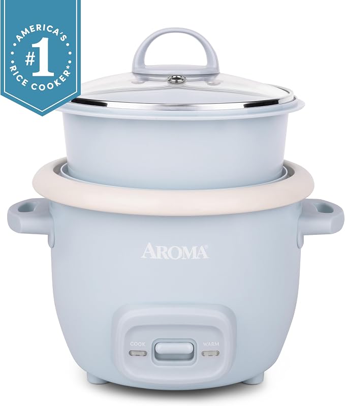 AROMA CoreCoat™ Mini Rice Cooker (3 Cups Cooked) with Nonstick Ceramic Pot Coating, Glass Lid, and Pop-Up Steamer Tray, 0.8 Quart
