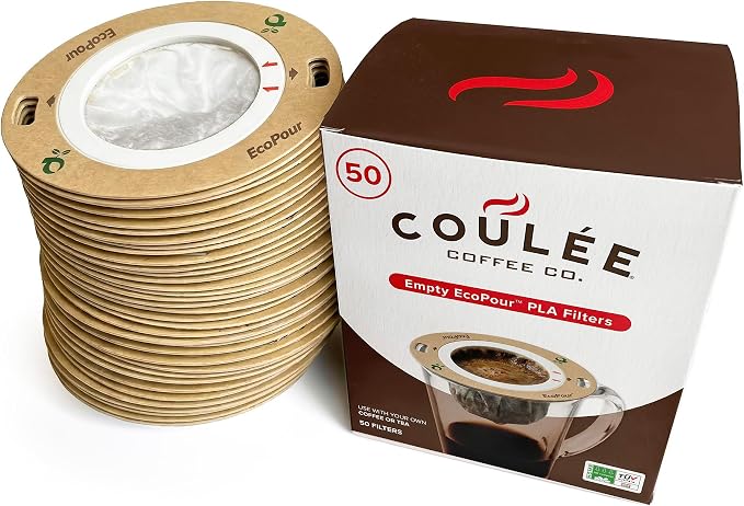 EcoPour Empty Pour Over Coffee Filters, PLA Mesh, 50 Pack | Use with Coulee Swirl machine or with most mugs. Coffee or loose leaf tea; For camping & travel; eco-friendly PLA mesh
