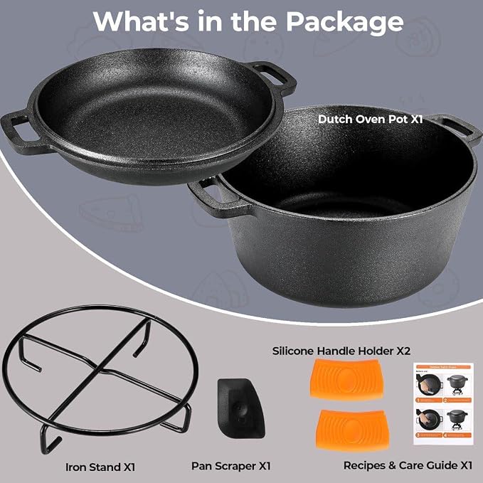 TLGREEN Cast Iron Dutch Oven 5.1QT Pot 1.9QT Skillet Lid Silicone Holders | Cast Iron Skillets, Heat Resistant Stand Included, Fits All Heat Sources for Outdoor Camping, Safe for Long High Temp Cooking