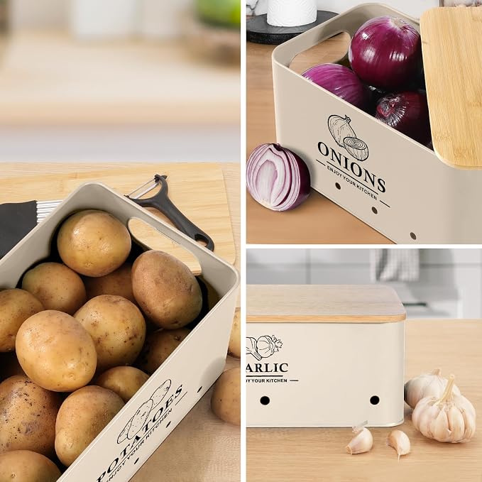 Kitchen Vegetable Storage Set of 3, Metal Onion Garlic Potato Storage Set, Kitchen Canisters Vegetable Keeper Containers with Aerating Holes and Bamboo Lid，Beige