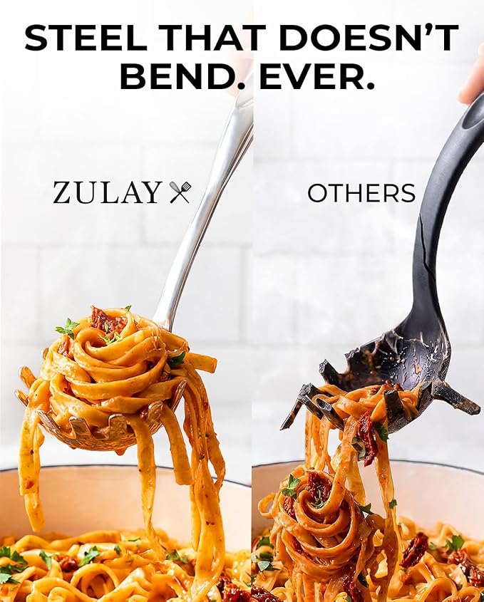 Zulay Kitchen Stainless Steel Pasta Spoon | 12” Spaghetti Server with Teeth & Draining Holes - Rust-Resistant Pasta Fork for Noodles & Pasta - Dishwasher Safe Utensil