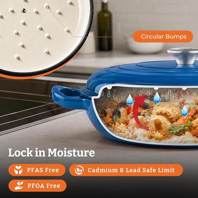 Cast Iron Dutch Oven–3 Layers Enameled Shallow Braiser & Casserole Pot with Lid, Even-Heating, Stovetop & Oven Safe to 500°F, 3.8 Quart for Family & Parties Meals(Blue)