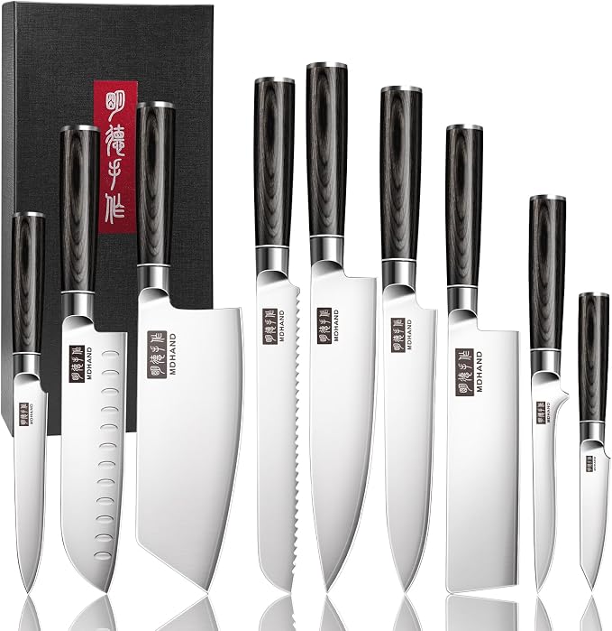 Kitchen Knife Set 9 Pieces, Ultra Sharp Japanese Knife Set Gift Box | High Carbon Stainless Steel Chef Knife Set with Pakkawood Handle, Knives Set for Kitchen & Home Cooking, Dishwasher Safe
