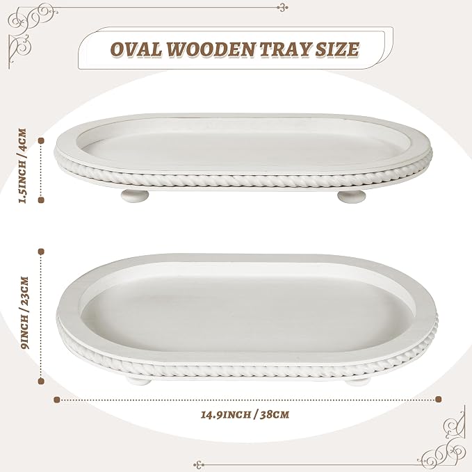Urban Deco Oval Wooden Decorative Tray Set of 2 | Farmhouse Vintage Decorative Tray Stand for Coffee Table, White Serving Tray for Living Room Kitchen Home Decor