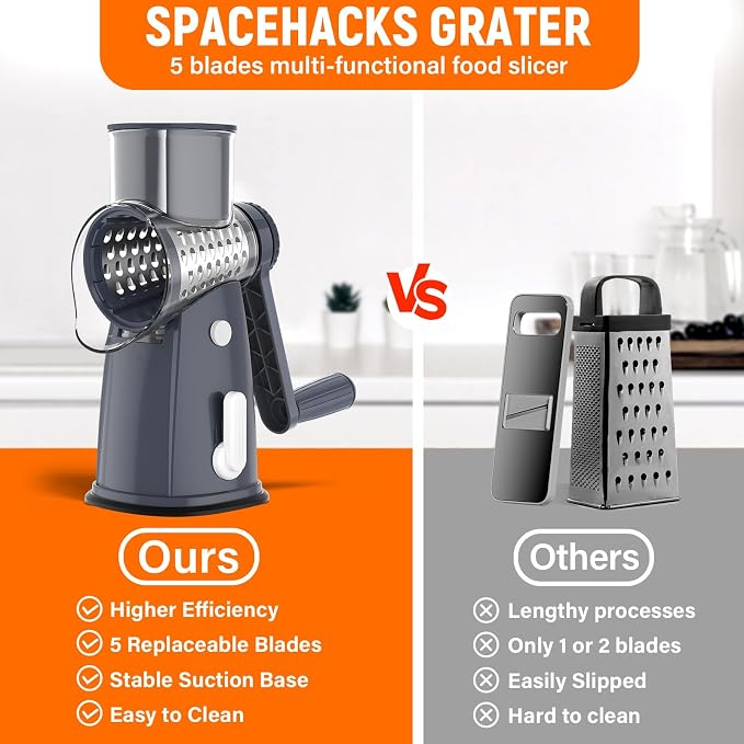 Rotary Cheese Grater Hand Crank, 5-in-1 Vegetable Chopper Spiralizer Slicer | Shredder with 5 Interchangeable Blades for Vegetable, Cheese, Fruit, with Blades Storage Box & Stable Suction Base (Grey)