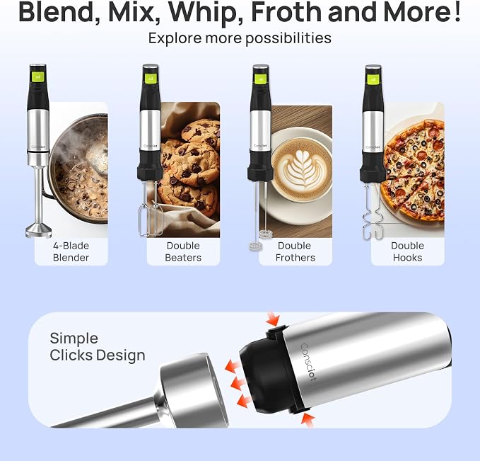 Consciot 4-in-1 Immersion Blender Handheld Max 1100W, Trigger Speed Control | Corded Stick Emulsifier with Entire Stainless Steel Blender Shaft, For Blending, Beating, Frothing, Mixing & More, Non-BPA