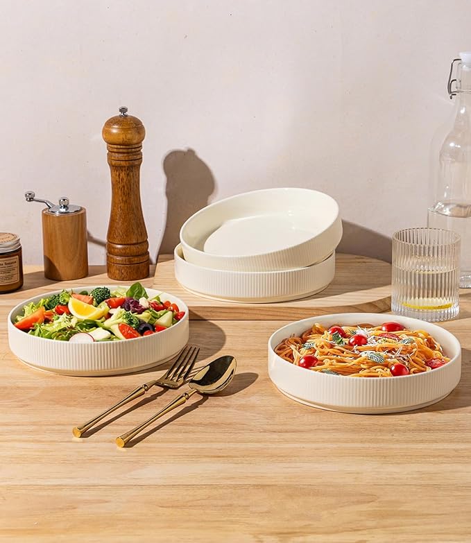 7.5" Ceramic Pasta Bowls Set of 4, Salad Bowls | Versatile Serving Bowls for Pasta, Salad, Fruit & Noodles, Housewarming & Wedding Gift, Beige