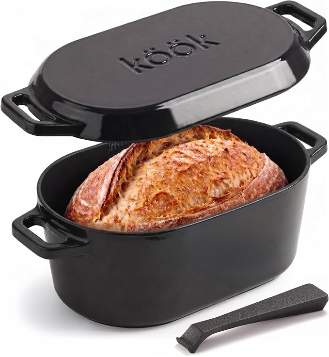 KooK Oval Dutch Oven, for Bread Baking, Sourdough Loaf Pan, with Lid, Dual Handles, Enameled Cast Iron, includes Lid Lever, Dishwasher Safe, 3.4 Qt, Black