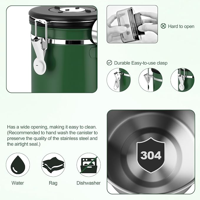 ShanSon Coffee Canister Airtight, Stainless Steel Bean Storage Container with Date Tracker & Scoop, Grounds Sugar Flour Tea Cereal Fits Kitchen Pantry, Ideal Gift for Coffee Lovers,22oz, Dark Green