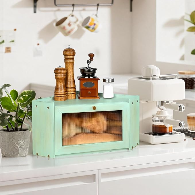 Bread Box for Kitchen Countertop with Acrylic Window Green | Farmhouse Bread Storage Container, Large Pantry Organizers for Homemade Snacks, Loaves, Breathable Keeps Bread Fresh